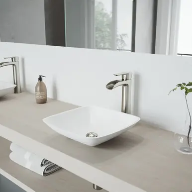Luxury Vigo VGT1223 Hyacinth Matte Stone Vessel Bathroom Sink Set With Niko Vessel Faucet In Brushed Nickel - 13 3/4 inch