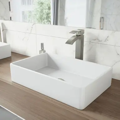Vigo VGT1230 Magnolia Matte Stone Vessel Bathroom Sink Set With Duris Vessel Faucet In Brushed Nickel - 13 7/8 inch Top Pick