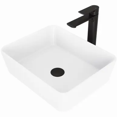 Vigo VGT1275 Marigold Matte Stone Vessel Bathroom Sink With Norfolk Faucet In A Matte Black Finish, Pop-Up Drain Included - 14 inch Free Shipping