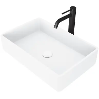 Crafted Vigo VGT1450 Magnolia Matte Stone Vessel Bathroom Sink And Lexington Cfiber© Vessel Bathroom Faucet In Matte Black With Matte White Pop-Up Drain - 21 1/4 inch