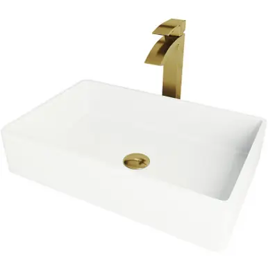 Cheap Vigo VGT1458 Magnolia Matte Stone Bathroom Vessel Sink And Duris Vessel Faucet In Matte Brushed Gold With Pop-Up Drain - 13 7/8 inch