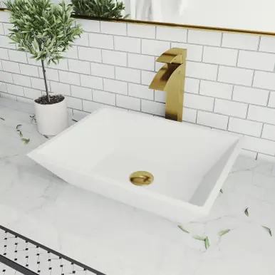 Free Delivery Vigo VGT1461 Vinca Matte Stone Bathroom Vessel Sink And Duris Vessel Faucet In Matte Brushed Gold With Pop-Up Drain - 13 3/4 inch