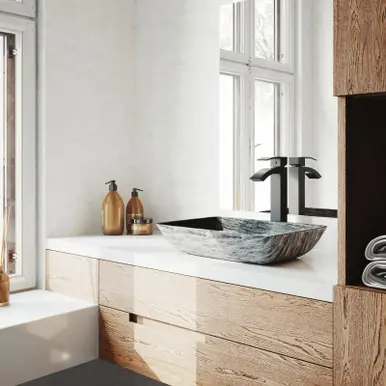Last Chance Vigo VGT1603 Rectangular Titanium Glass Vessel Bathroom Sink Set With Duris Vessel Faucet In Matte Black - 18 1/8 inch