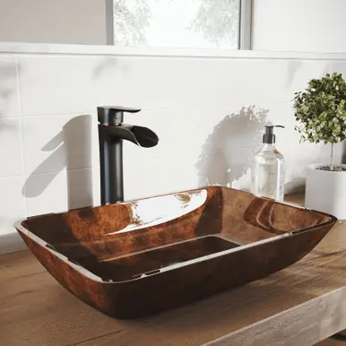 Factory Price Vigo VGT1652 18" Rectangular Russet Glass Vessel Bathroom Sink Set With Niko Vessel Faucet In Antique Rubbed Bronze