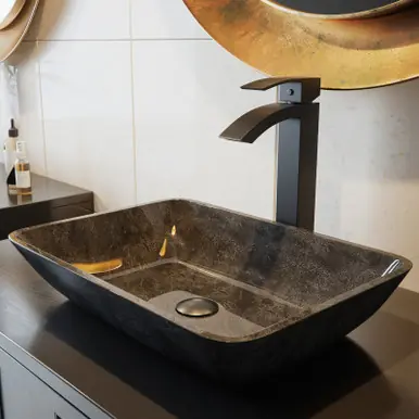 Top Pick Vigo VGT1701 Rectangular Gray Onyx Glass Vessel Bathroom Sink Set With Duris Vessel Faucet In Matte Black - 17 7/8 inch