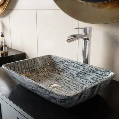Mega Sale Vigo VGT1702 Rectangular Titanium Glass Vessel Bathroom Sink Set With Niko Vessel Faucet In Chrome - 13 inch