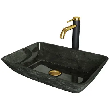 Viral Vigo VGT2022 Rectangular Gray Onyx Glass Vessel Bathroom Sink And Lexington Cfiber© Faucet In Matte Brushed Gold And Matte Black - 17 7/8 inch