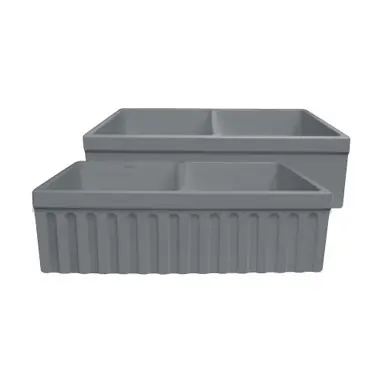 Whitehaus WHQDB332-M-CEMENT Farmhaus Quatro Alcove Reversible Matte Double Bowl Fireclay Kitchen Sink with Fluted 2" Lip Front Apron on one Side and a 2 ½" Lip Plain on the Opposite Side - Matte Cement - 33 inch Free Delivery