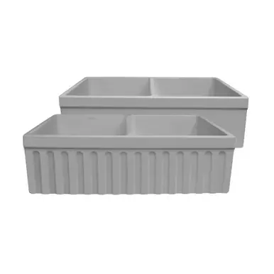 Affordable Whitehaus  WHQDB332-M-LIGHTCEMENT Farmhaus Quatro Alcove Reversible Matte Double Bowl Fireclay Kitchen Sink with Fluted 2" Lip Front Apron on one Side and a 2 ½" Lip Plain on the Opposite Side - Light Cement - 33 inch