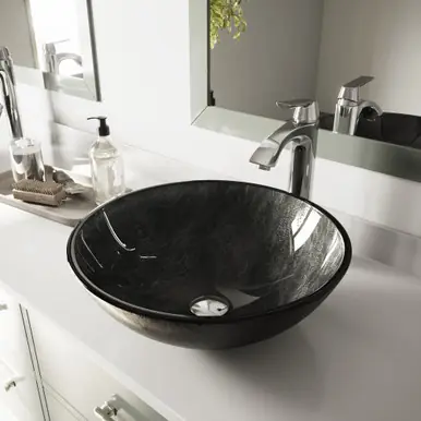 Buy Today Vigo VGT830 Gray Onyx Glass Vessel Bathroom Sink Set With Linus Vessel Faucet In Chrome - 16 1/2 inch