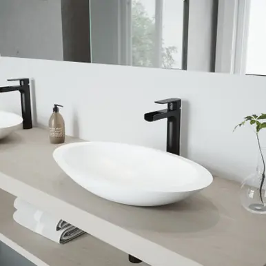 Special Offer Vigo VGT945 Wisteria Matte Stone Vessel Bathroom Sink Set With Amada Faucet In Matte Black - 23 1/8 inch