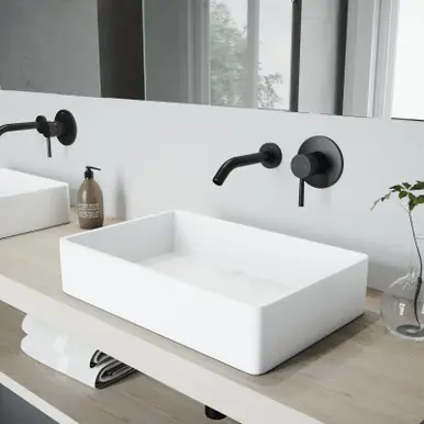 Price Cut Vigo VGT993 Magnolia Matte Stone Vessel Bathroom Sink Set With Olus Wall Mount Faucet In Matte Black - 21 1/4 inch