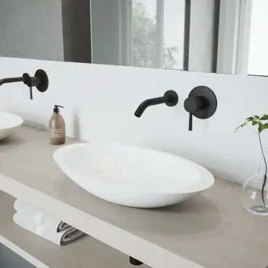 Order Now Vigo VGT994 Wisteria Matte Stone Vessel Bathroom Sink Set With Olus Wall Mount Faucet In Matte Black - 13 3/4 inch