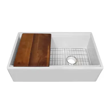 Whitehaus 30" Reversible Single Bowl Fireclay Sink Set with a Smooth Front Apron, Walnut Wood Cutting Board and Stainless Steel Grid - White - WHLW3019 Same Day Shipping