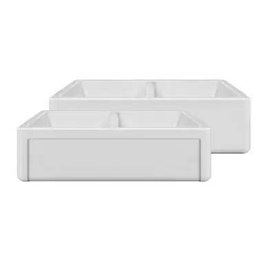 Whitehaus 36" Reversible Double Bowl Fireclay Kitchen Sink with Grid Set: Three Edge Frame, Plain Front Apron - White - WHRPDB3618-W Warranty Included