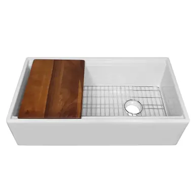 Whitehaus 36" Reversible Single Bowl Fireclay Sink Set with a Smooth Front Apron, Walnut Wood Cutting Board and Stainless Steel Grid - White - WHLW3619 In Demand