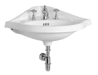 Whitehaus AR884-3H Isabella Corner Wall Mount Sink with Widespread Hole Faucet Drilling, Oval bowl, Backsplash, Dual Soap Ledges and Overflow - White - 29 inch Reduced Price