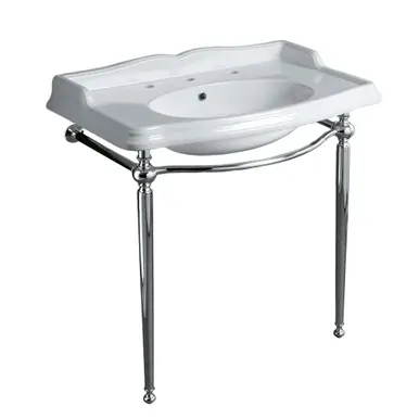 Whitehaus Britannia Large Rectangular Sink Console with Front Towel Bar and Widespread Faucet Hole Drill - White/Chrome - B-AR864-ARCG1-3 Popular