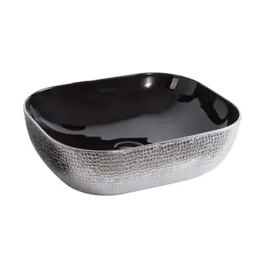 Affordable Whitehaus WH71302-F20 Isabella Plus Rectangular Above Mount Sink, Embossed Exterior, Smooth Interior, Center Drain - Black/Silver - 19 inch