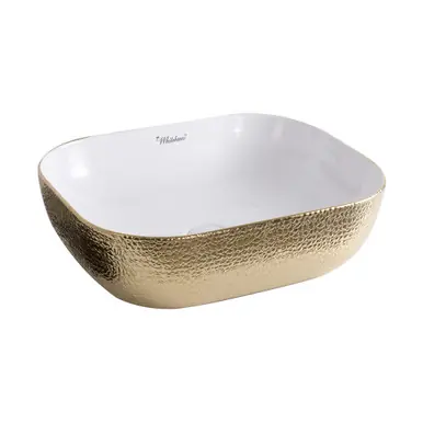 Instant Buy Whitehaus WH71302-F25 Isabella Plus Rectangular Above Mount Sink, Embossed Exterior, Smooth Interior, Center Drain - White/Gold - 19 inch