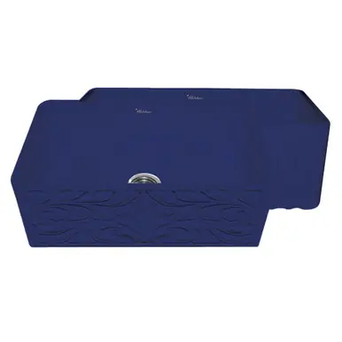 Affordable Whitehaus WHFLGO3018-BLUE Farmhaus Fireclay Reversible Sink with Gothichaus Swirl Design or Fluted Front Apron - Sapphire Blue - 30 inch
