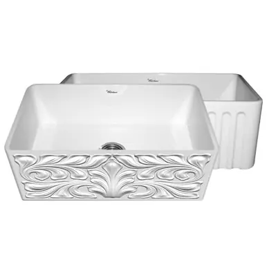 Whitehaus WHFLGO3018-WHITE Farmhaus Fireclay Reversible Sink with Gothichaus Swirl Design or Fluted Front Apron - White - 30 inch Trending