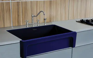 Final Sale Whitehaus WHQ5530-BLUE Glencove Fireclay 30" Reversible Sink with Elegant Beveled Apron Front on one side Decorative 2" Lip Plain on Opposite Side