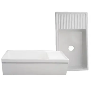 Free Delivery Whitehaus WHQD540 36" Quatro Alcove Reversible Fireclay Farmhouse Kitchen Sink & Drain Board - White