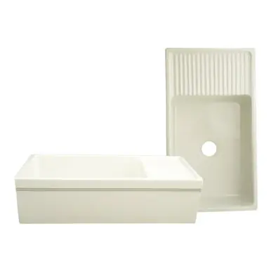 Instant Buy Whitehaus WHQD540-BISCUIT Farmhaus Fireclay Quatro Alcove Large Reversible Sink with Integral Drainboard and Decorative 2 1/2 in. Lip on Both Sides - Biscuit - 36 inch