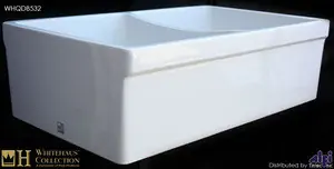 Whitehaus WHQDB532 White 33" Double Bowl Reversible Fireclay Farmhouse Kitchen Sink With Lip - White Genuine