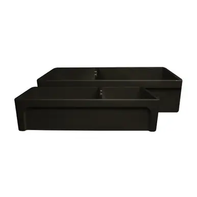 Direct From Factory Whitehaus WHQDB5542-BLACK Glencove Fireclay 42" Large Double Bowl Reversible Sink with Elegant Beveled Apron Front on One Side and Decorative Lip on the Opposite Side