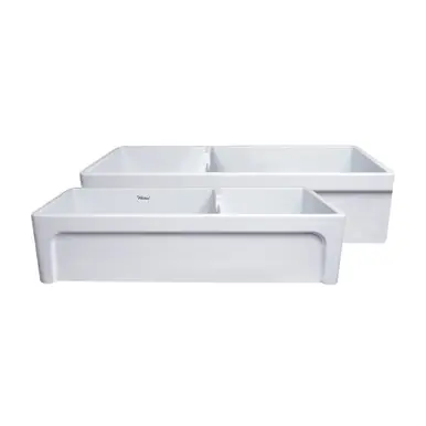 Affordable Whitehaus WHQDB5542-WHITE Glencove Fireclay 42" Large Double Bowl Reversible Sink with Elegant Beveled Apron Front on One Side and Decorative Lip on the Opposite Side