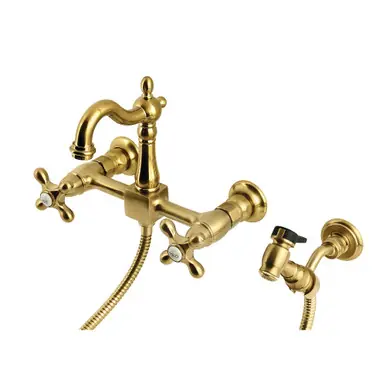 Kingston Brass Heritage Wall Mount Bridge Kitchen Faucet with Brass Sprayer, Brushed Brass - KS2447AXBS Hassle-Free Returns