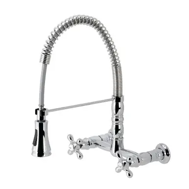 Buy Direct Kingston Brass Gourmetier GS1241AX Heritage Two Handle Wall-Mount Pull-Down Sprayer Kitchen Faucet, Polished Chrome