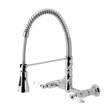 Worldwide Shipping Kingston Brass Gourmetier GS1241PL Heritage Two Handle Wall-Mount Pull-Down Sprayer Kitchen Faucet, Polished Chrome