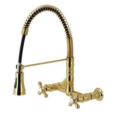 Hot Picks Kingston Brass Gourmetier GS1247AX Heritage Two Handle Wall-Mount Pull-Down Sprayer Kitchen Faucet, Brushed Brass
