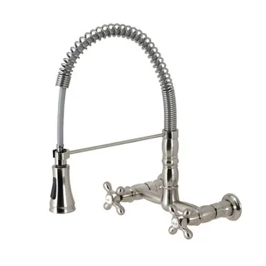 Free Delivery Kingston Brass Gourmetier GS1248AX Heritage Two Handle Wall-Mount Pull-Down Sprayer Kitchen Faucet, Brushed Nickel