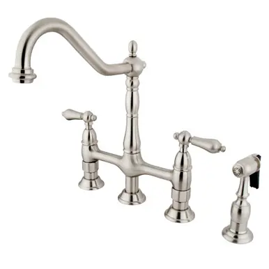 Editor’s Pick Kingston Brass KS1278ALBS Heritage Bridge Kitchen Faucet with Brass Sprayer, Brushed Nickel