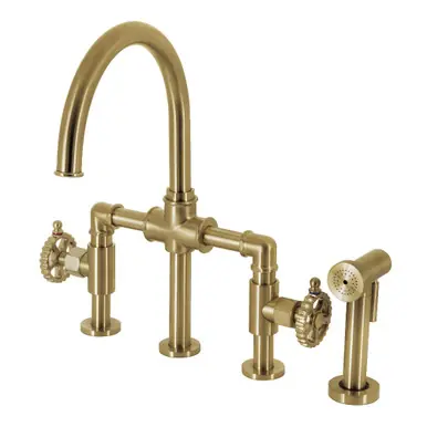 Wholesale Kingston Brass KS2337CG Fuller Industrial Style Bridge Kitchen Faucet with Brass Sprayer, Brushed Brass