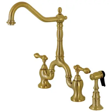 Free Returns Kingston Brass KS7757ALBS 8" Bridge Kitchen Faucet with Sprayer, Brushed Brass