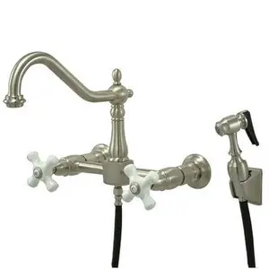 Hot Picks Kingston Brass Two Handle Wall Mount Kitchen Faucet & Side Spray - Brushed Nickel KS1248PXBS