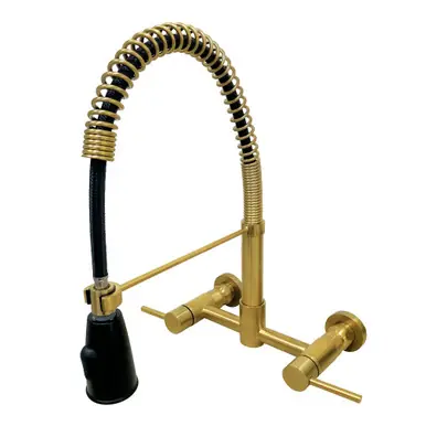 Kingston Brass Gourmetier GS8287DL Concord Two Handle Wall Mount Pull-Down Kitchen Faucet, Brushed Brass In Demand