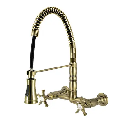 Kingston Brass Hamilton Double-Handle Wall-Mount Pre-Rinse Bridge Kitchen Faucet, Antique Brass - GS1243NX Top Rated