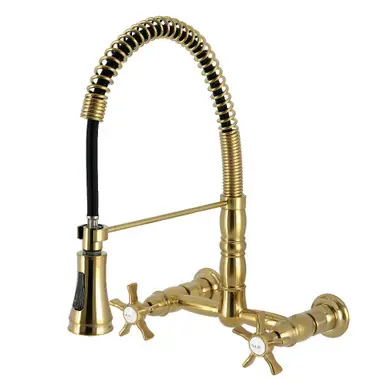 Kingston Brass Hamilton Double-Handle Wall-Mount Pre-Rinse Bridge Kitchen Faucet, Brushed Brass - GS1247NX While Supplies Last