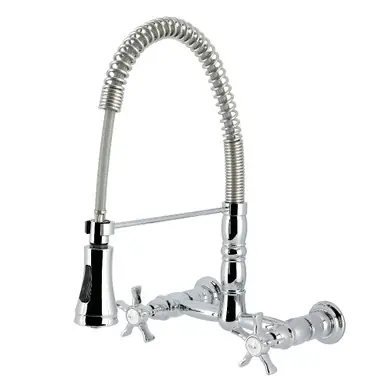 Kingston Brass Hamilton Double-Handle Wall-Mount Pre-Rinse Bridge Kitchen Faucet, Polished Chrome - GS1241NX Next Day Delivery