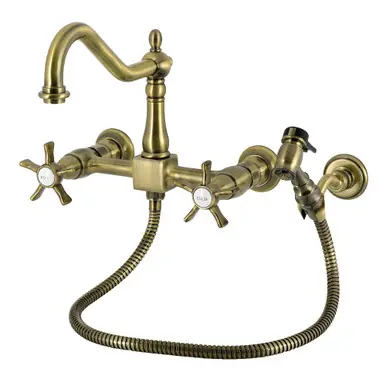 Kingston Brass Hamilton Two-Handle Wall Mount Bridge Kitchen Faucet with Brass Sprayer, Antique Brass - KS1243NXBS Don’t Miss Out