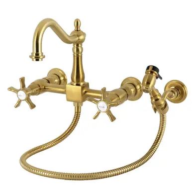 Kingston Brass Hamilton Two-Handle Wall Mount Bridge Kitchen Faucet with Brass Sprayer, Brushed Brass - KS1267NXBS Budget