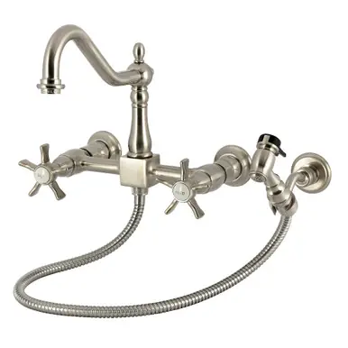 Brand New Kingston Brass Hamilton Two-Handle Wall Mount Bridge Kitchen Faucet with Brass Sprayer, Brushed Nickel - KS1248NXBS