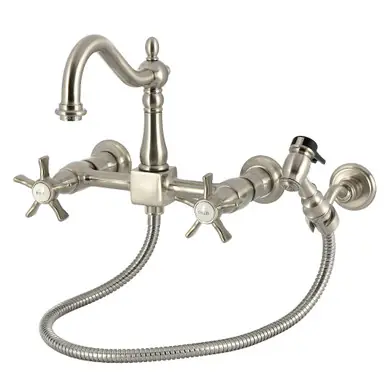 Certified Kingston Brass Hamilton Two-Handle Wall Mount Bridge Kitchen Faucet with Brass Sprayer, Brushed Nickel - KS1268NXBS