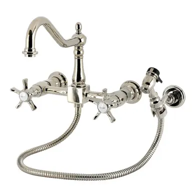 Bargain Kingston Brass Hamilton Two-Handle Wall Mount Bridge Kitchen Faucet with Brass Sprayer, Polished Nickel - KS1246NXBS